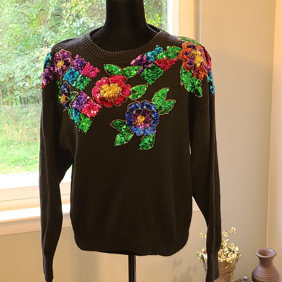 Vintage Margules black sweater with sequines Sz L - Picture 2 of 9
